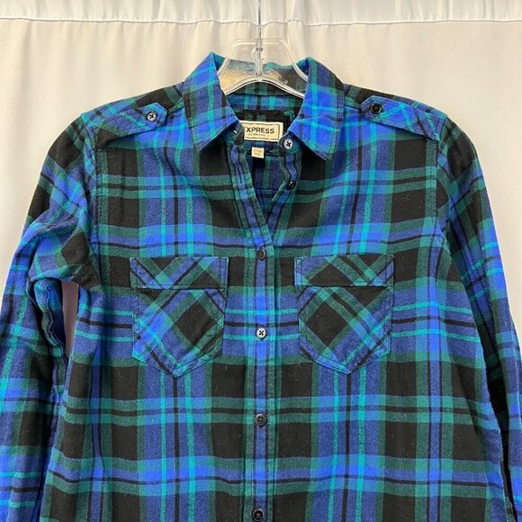 Express Womens Boyfriend Long Sleeve Button Down Top Multicolor Plaid size XXS - Picture 2 of 9